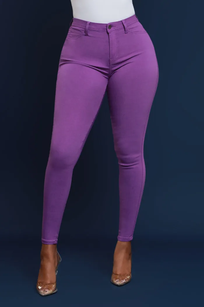 Super Swank High Rise Belt Loop Stretchy Skinny Jeans - Purple Orchid