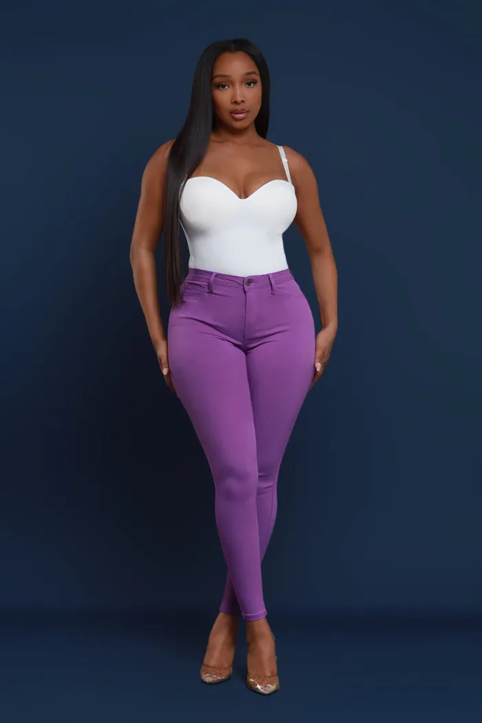Super Swank High Rise Belt Loop Stretchy Skinny Jeans - Purple Orchid