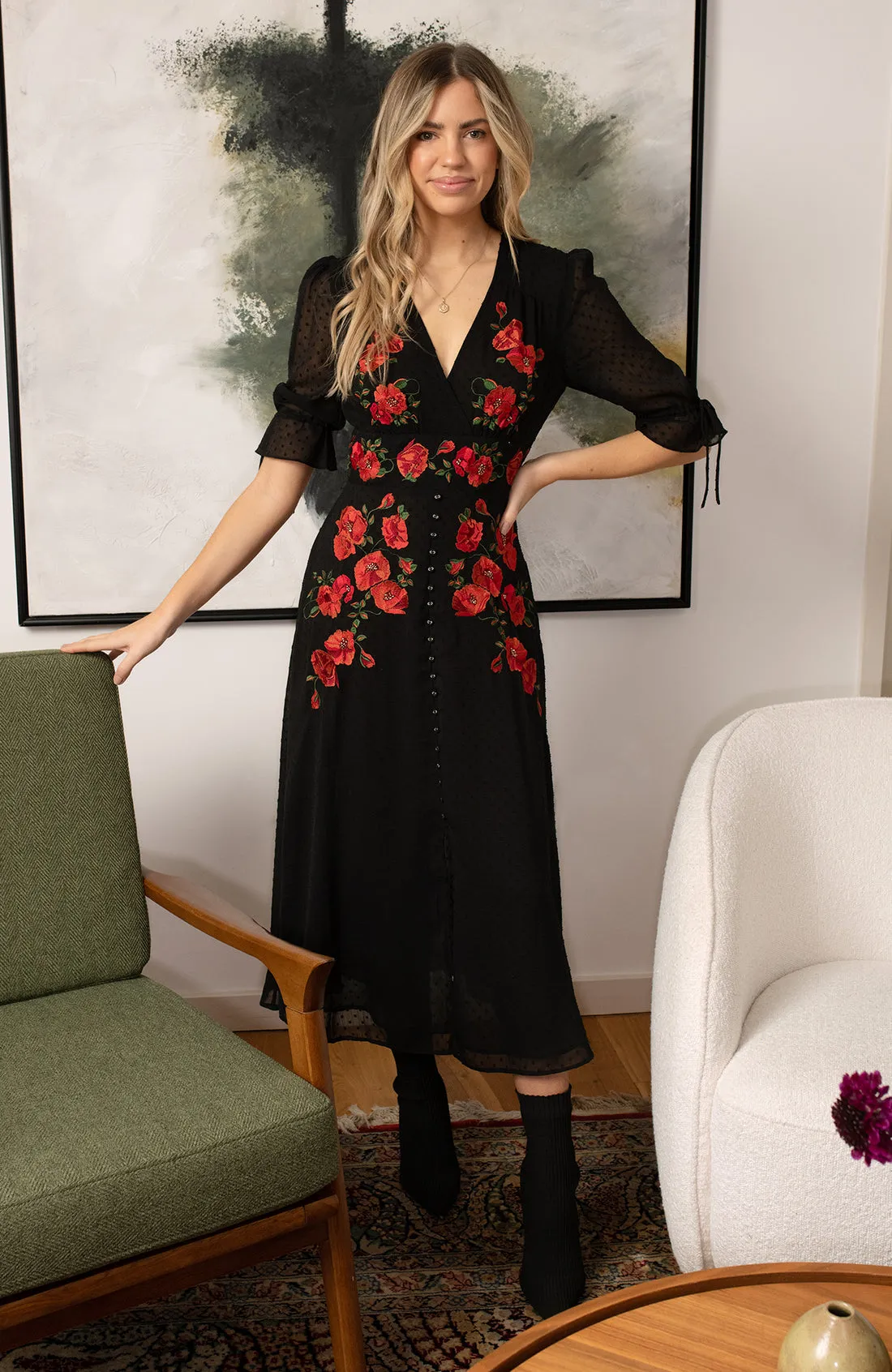 The Viola Dobby Mesh Embroidered Midi Dress With Tie Sleeves