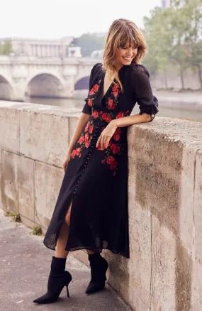 The Viola Dobby Mesh Embroidered Midi Dress With Tie Sleeves