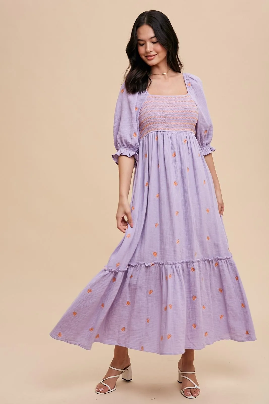 Tory Embroidered Gauzey Midi Dress - Lavender