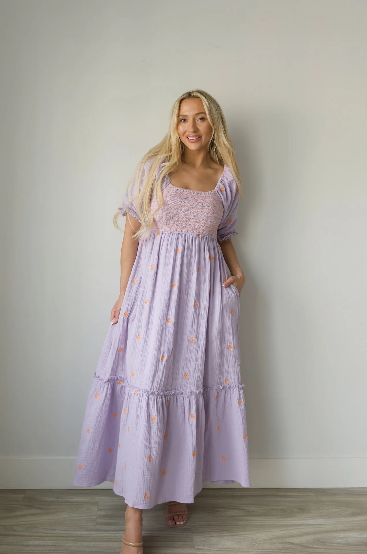 Tory Embroidered Gauzey Midi Dress - Lavender