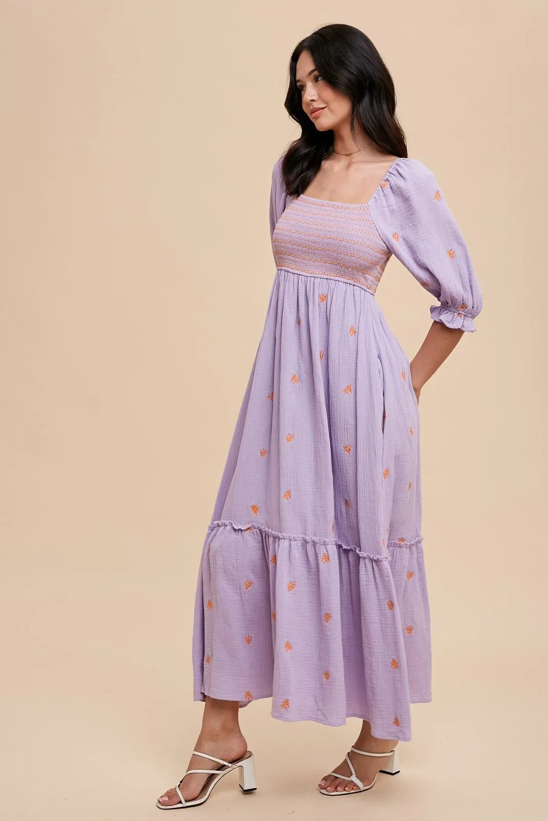 Tory Embroidered Gauzey Midi Dress - Lavender