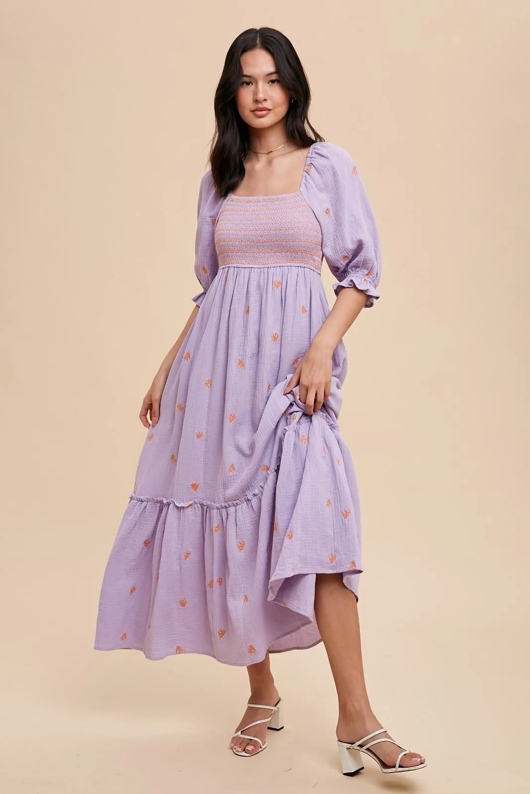 Tory Embroidered Gauzey Midi Dress - Lavender