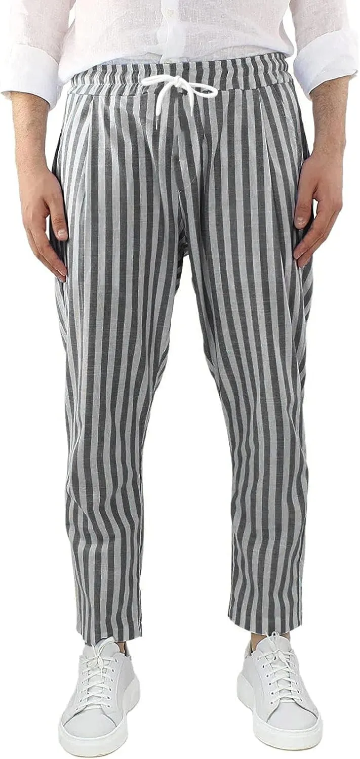 WABEOR Striped Pants for Men Cotton Linen Loose Fit Straight Trousers Breathable Casual Elastic Waist Drawstring Lounge Pants