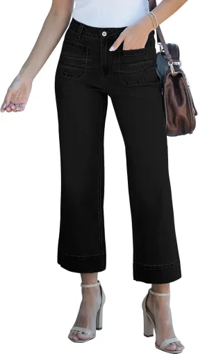 Wide Leg Jeans for Women Mid Waisted Straight Leg Stretchy Cropped Denim Pants with Patch Pockets Jeans