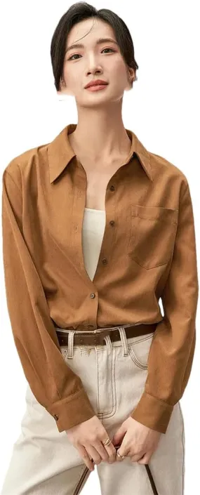 Women Casual Loose Long Sleeve Shirt Office Lady Lapel Blouse Single Breasted Casual Top