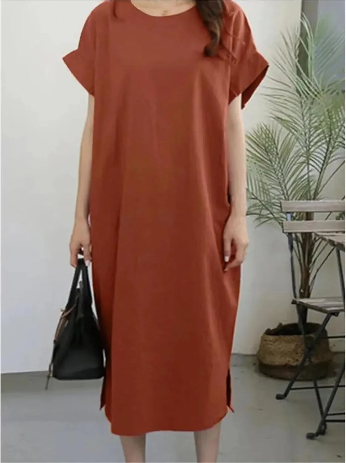 Women Casual Sleeveless Linen Dress Solid Color Women's Dress Comfortable Round Neck Short Sleeved Split Linen Dress