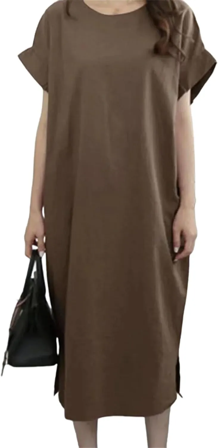 Women Casual Sleeveless Linen Dress Solid Color Women's Dress Comfortable Round Neck Short Sleeved Split Linen Dress