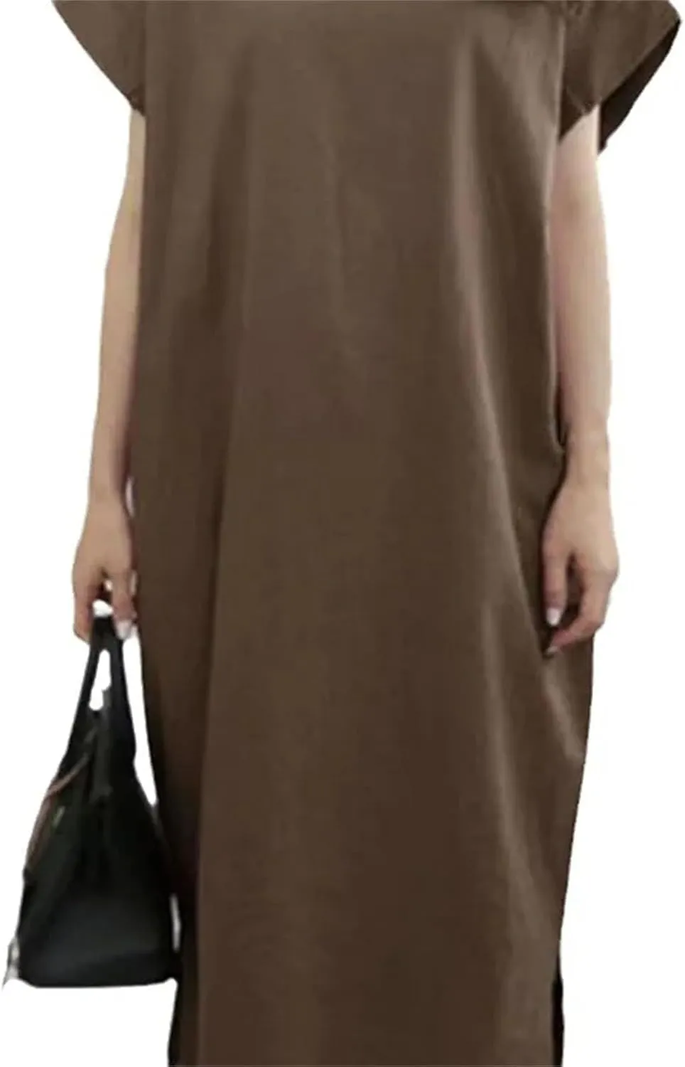 Women Casual Sleeveless Linen Dress Solid Color Women's Dress Comfortable Round Neck Short Sleeved Split Linen Dress