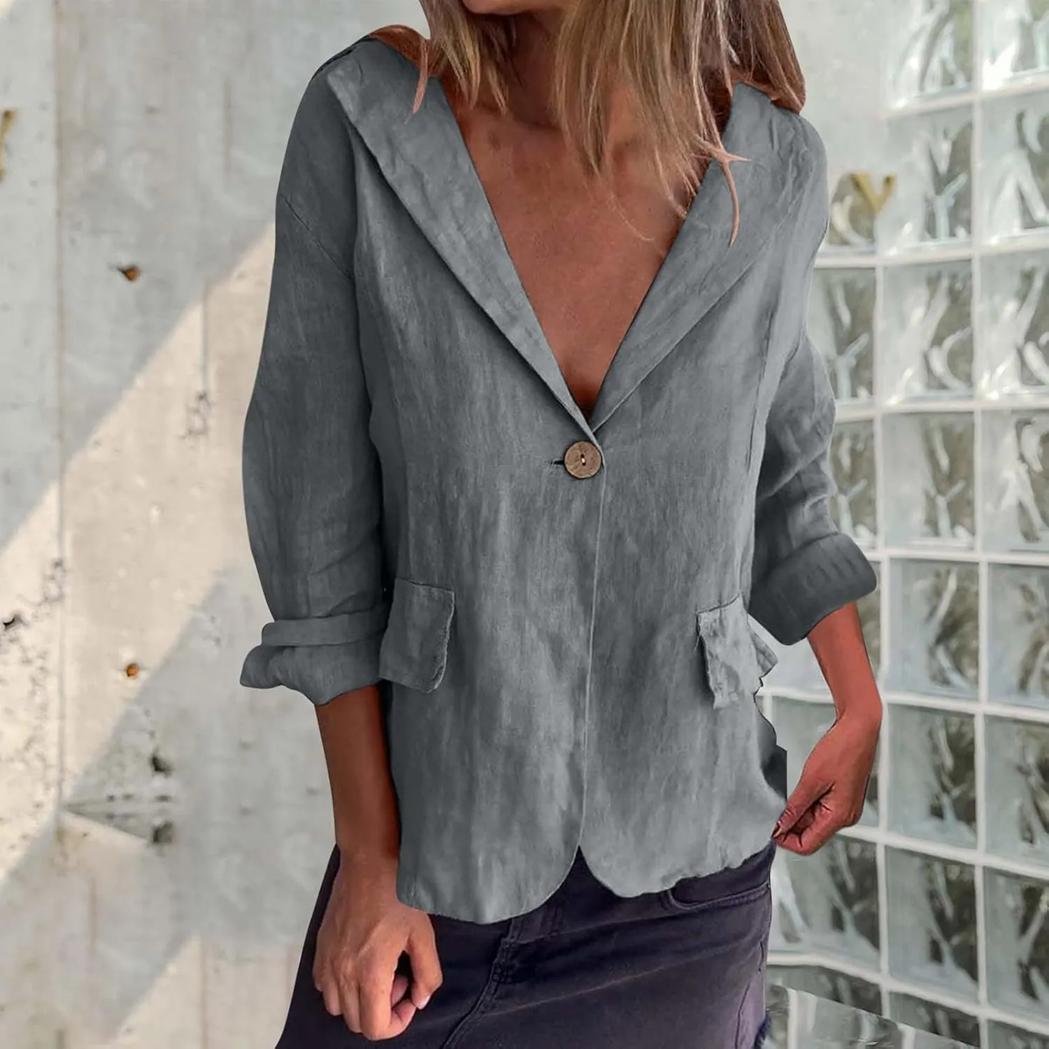 Women Cotton Linen Dressy Casual Blazers Open Front Long Sleeve Work Office Suit Jackets Button Lightweight Blazer