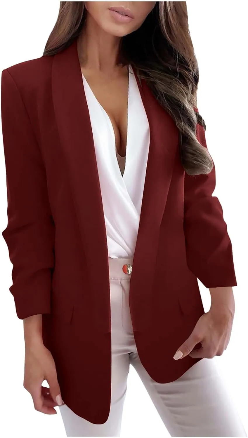 Women Long Sleeve Casual Work Jacket, Lightweight Comfy Business Blazer Open Front Notched Collar Formal Blazer Coat