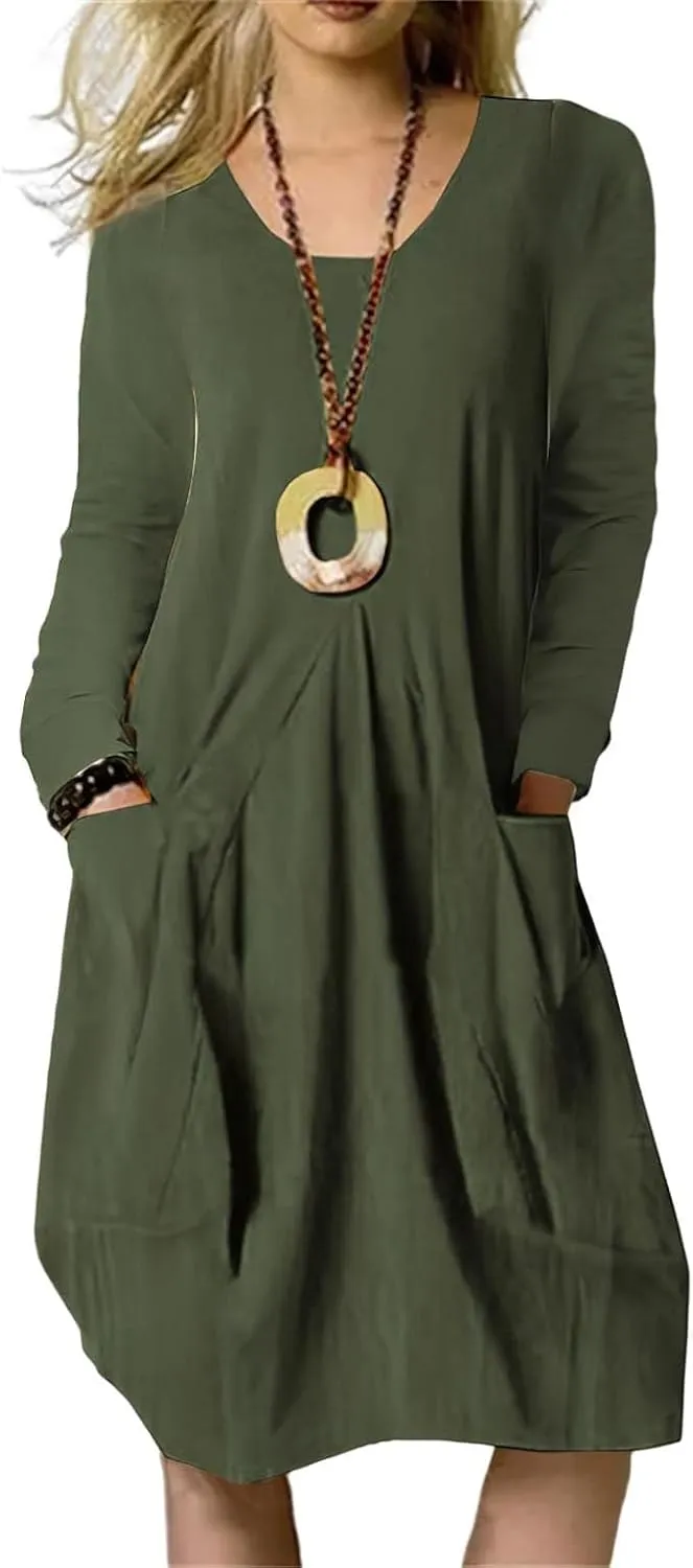 Women Long Sleeve Swing Tshirt Dress with Pockets Loose Fit Summer Casual Tunic Dress