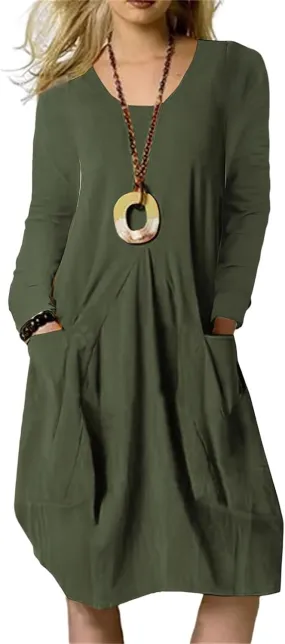 Women Long Sleeve Swing Tshirt Dress with Pockets Loose Fit Summer Casual Tunic Dress