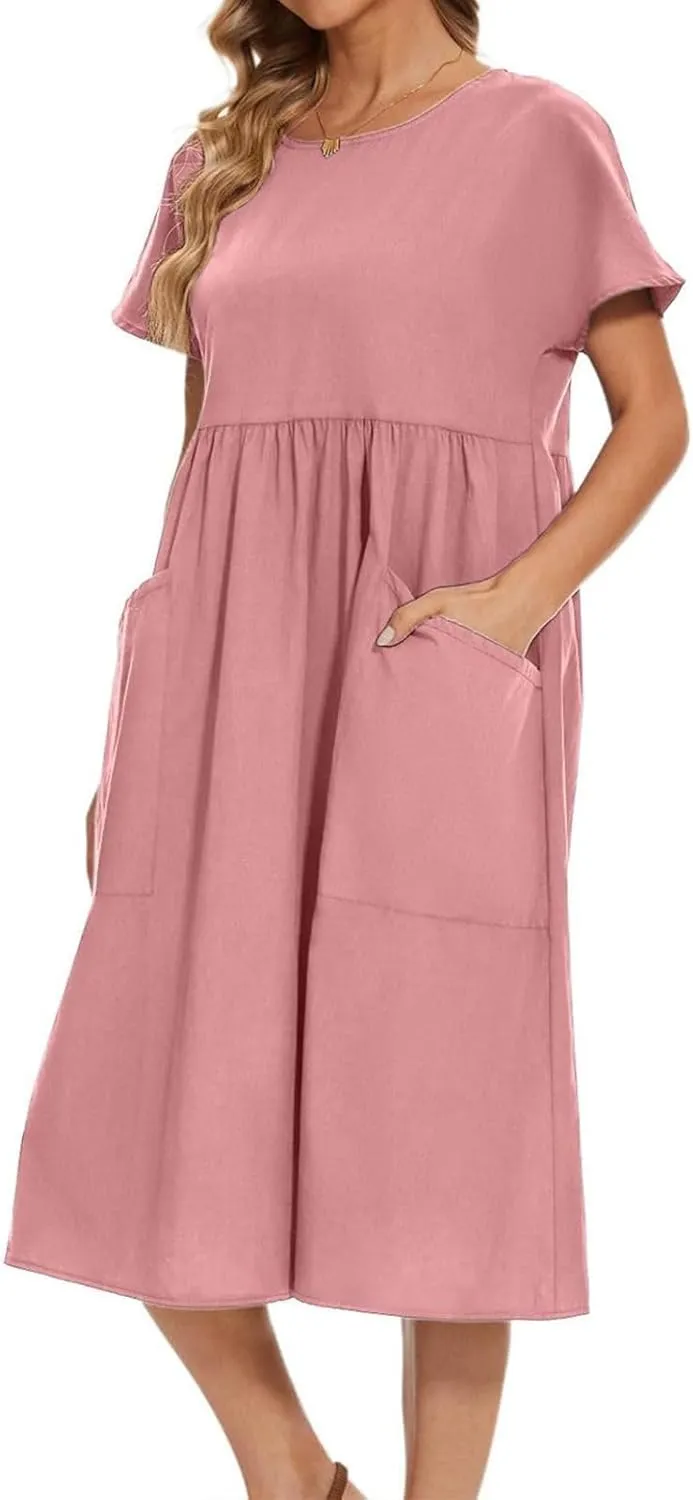 Women Oversized Casual Loose Summer Maxi Dress Linen Short Sleeve Round Neck Basic Swing Beach Midi Dress with Pocket