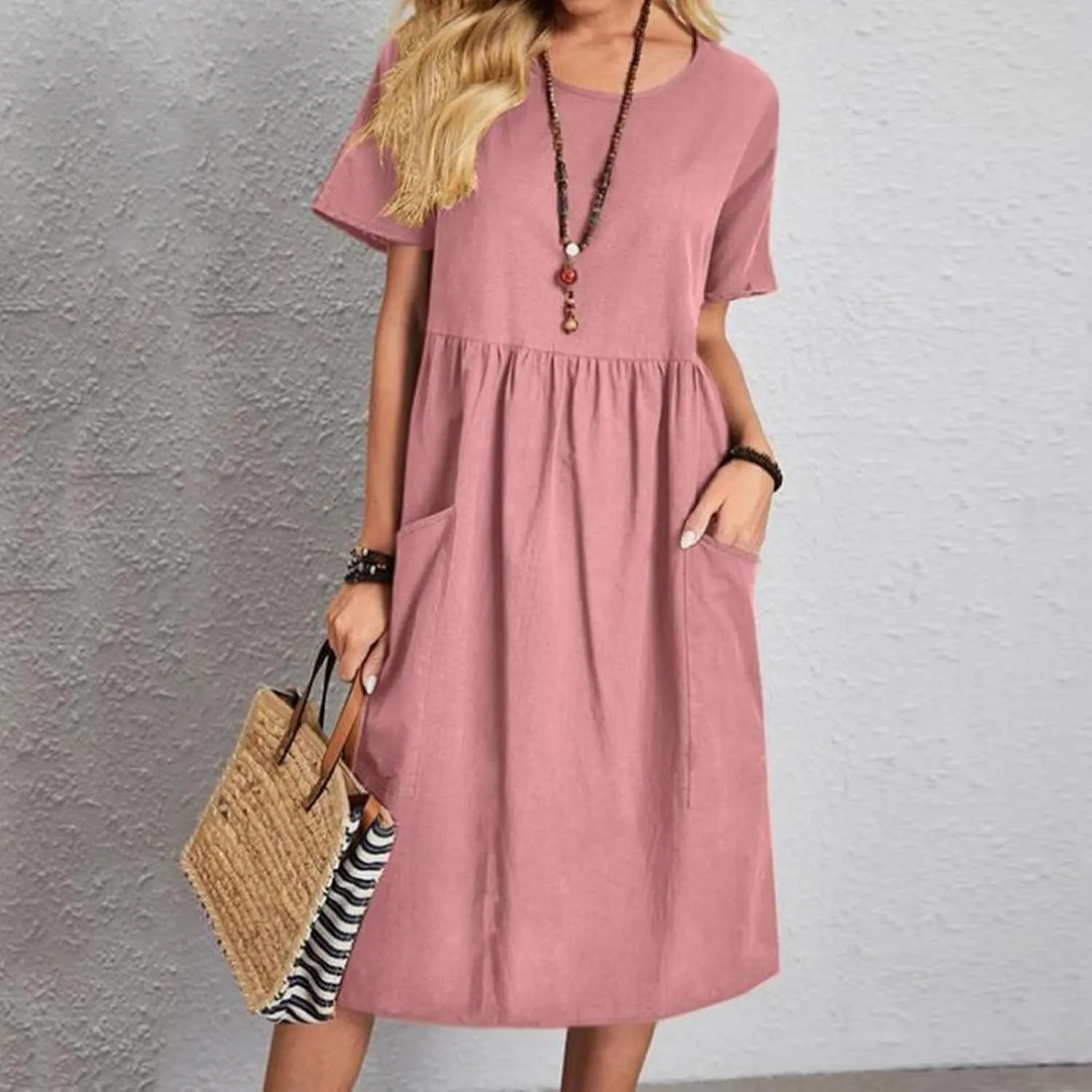 Women Oversized Casual Loose Summer Maxi Dress Linen Short Sleeve Round Neck Basic Swing Beach Midi Dress with Pocket