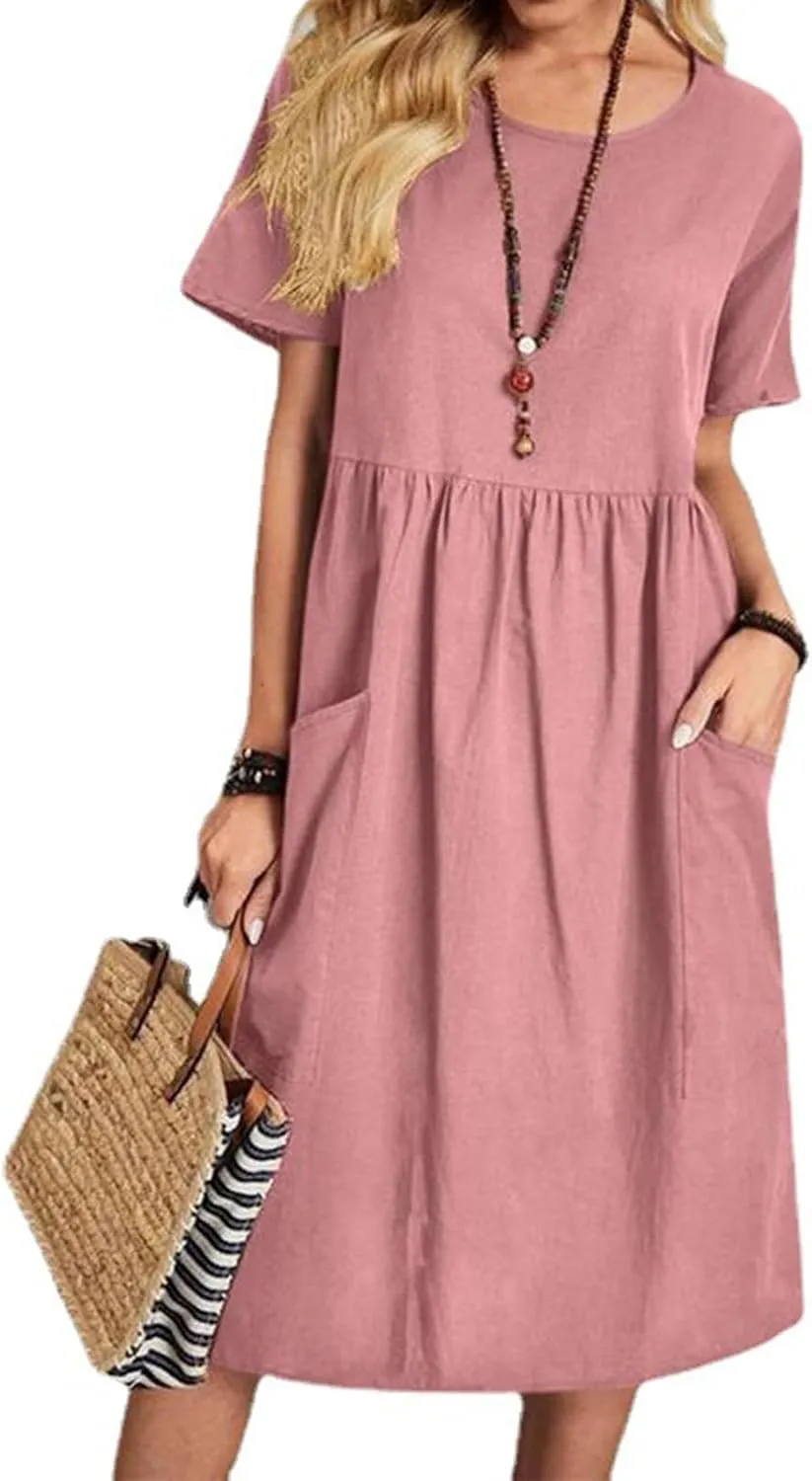 Women Oversized Casual Loose Summer Maxi Dress Linen Short Sleeve Round Neck Basic Swing Beach Midi Dress with Pocket