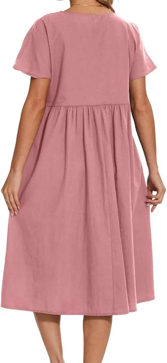 Women Oversized Casual Loose Summer Maxi Dress Linen Short Sleeve Round Neck Basic Swing Beach Midi Dress with Pocket