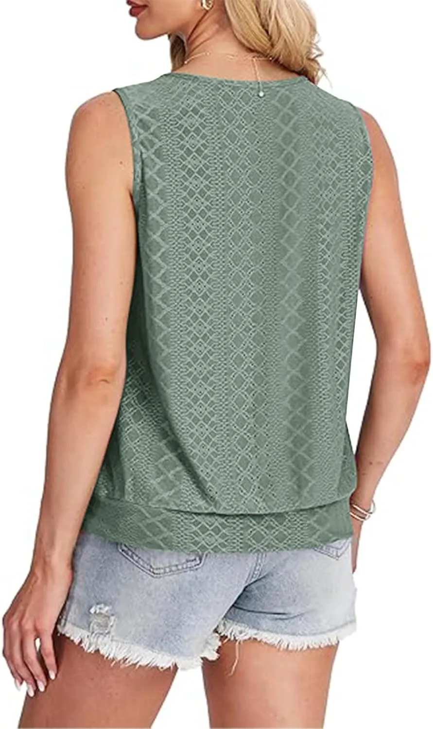 Women Tank Top Eyelet Embroidery Scoop Neck Shirts Trendy Sleeveless Loose Fit Banded Bottom Vest Beach Blouses