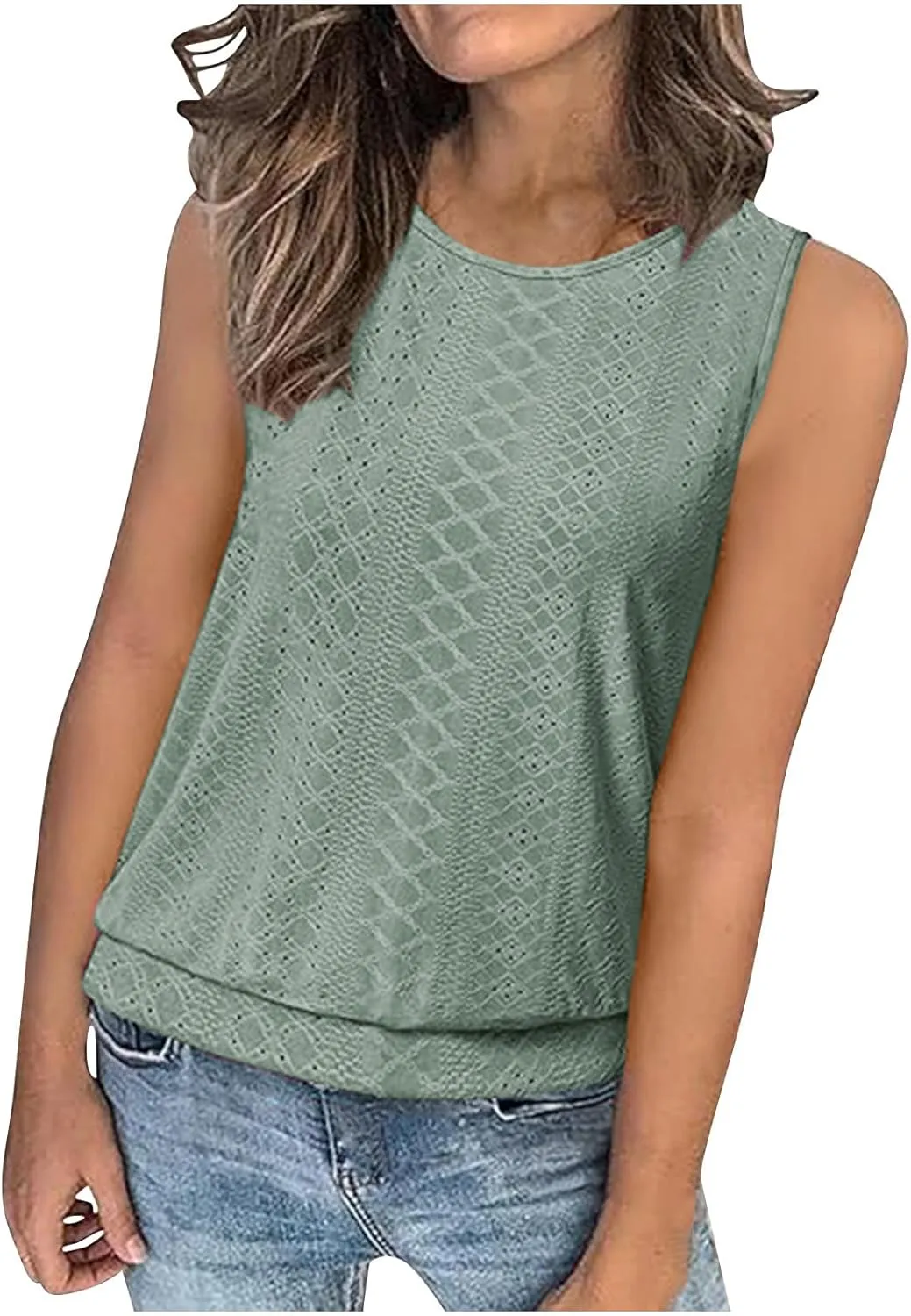 Women Tank Top Eyelet Embroidery Scoop Neck Shirts Trendy Sleeveless Loose Fit Banded Bottom Vest Beach Blouses