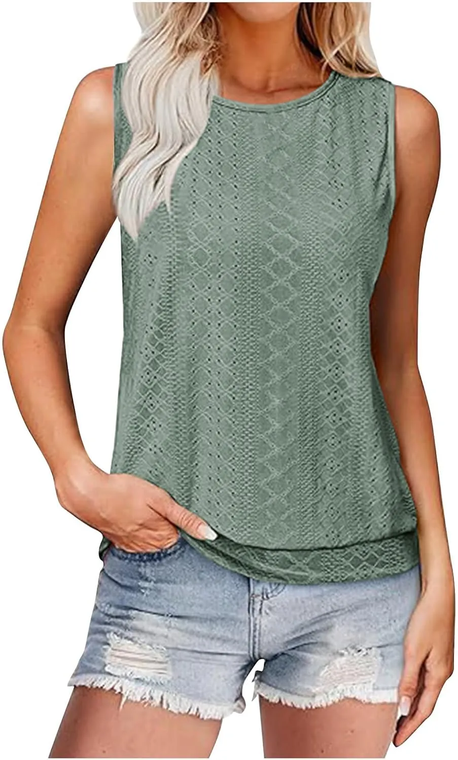 Women Tank Top Eyelet Embroidery Scoop Neck Shirts Trendy Sleeveless Loose Fit Banded Bottom Vest Beach Blouses
