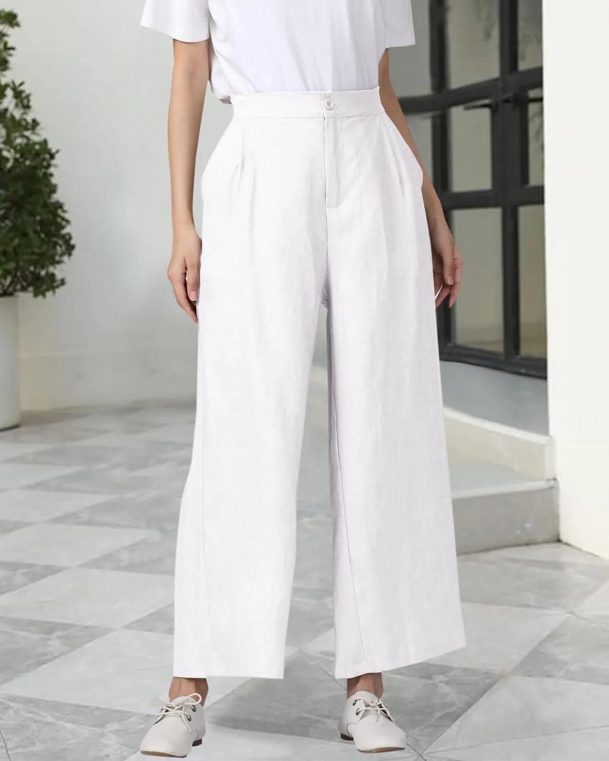 Women's 100% Linen Wide Leg Pants Summer Casual Cropped Palazzo Beach Pants Outfits 2025 Trendy