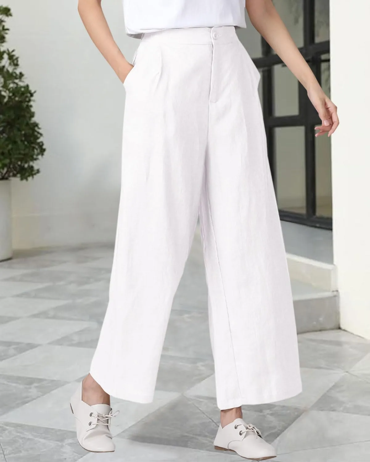 Women's 100% Linen Wide Leg Pants Summer Casual Cropped Palazzo Beach Pants Outfits 2025 Trendy