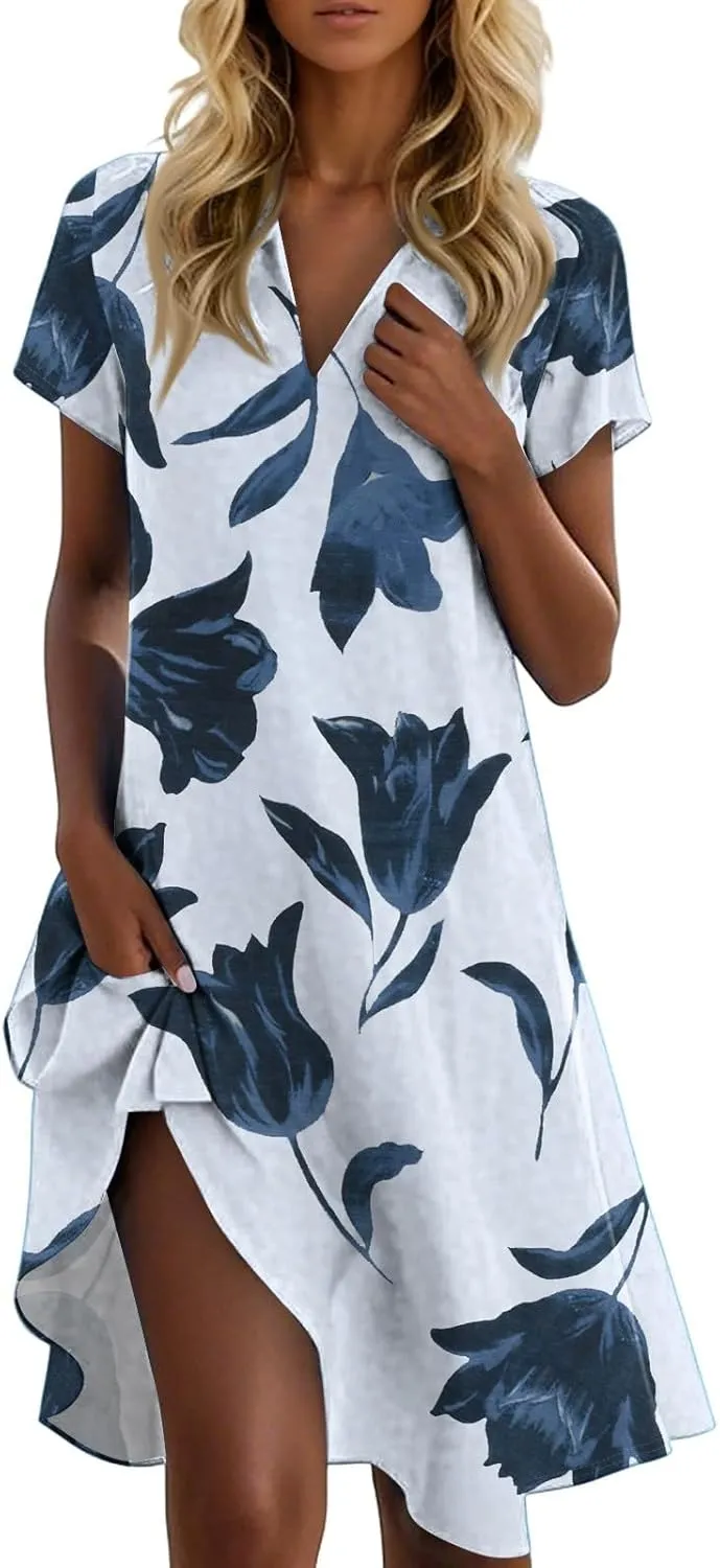 Womens Beach Vacation Dress Summer Chic Vivid Boho Floral Short Sleeve Collared V Neck Hawaiian T Shirt Sundresses