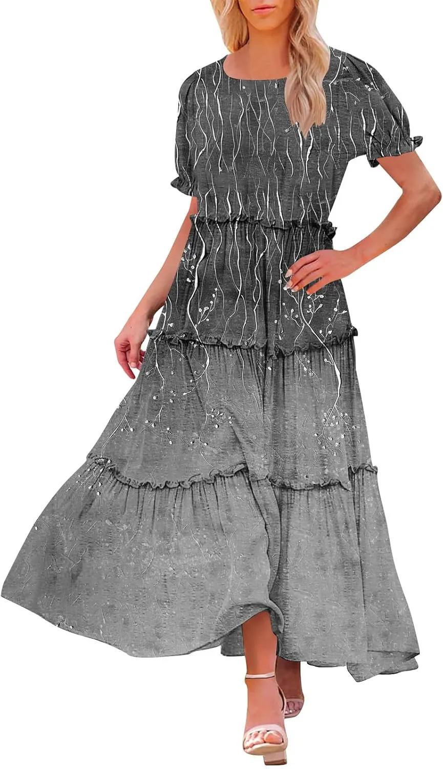 Women's Boho Maxi Dress Elegant Summer Floral Print Dress Short Sleeve Crewneck Tiered A-Line Casual Beach Dresses
