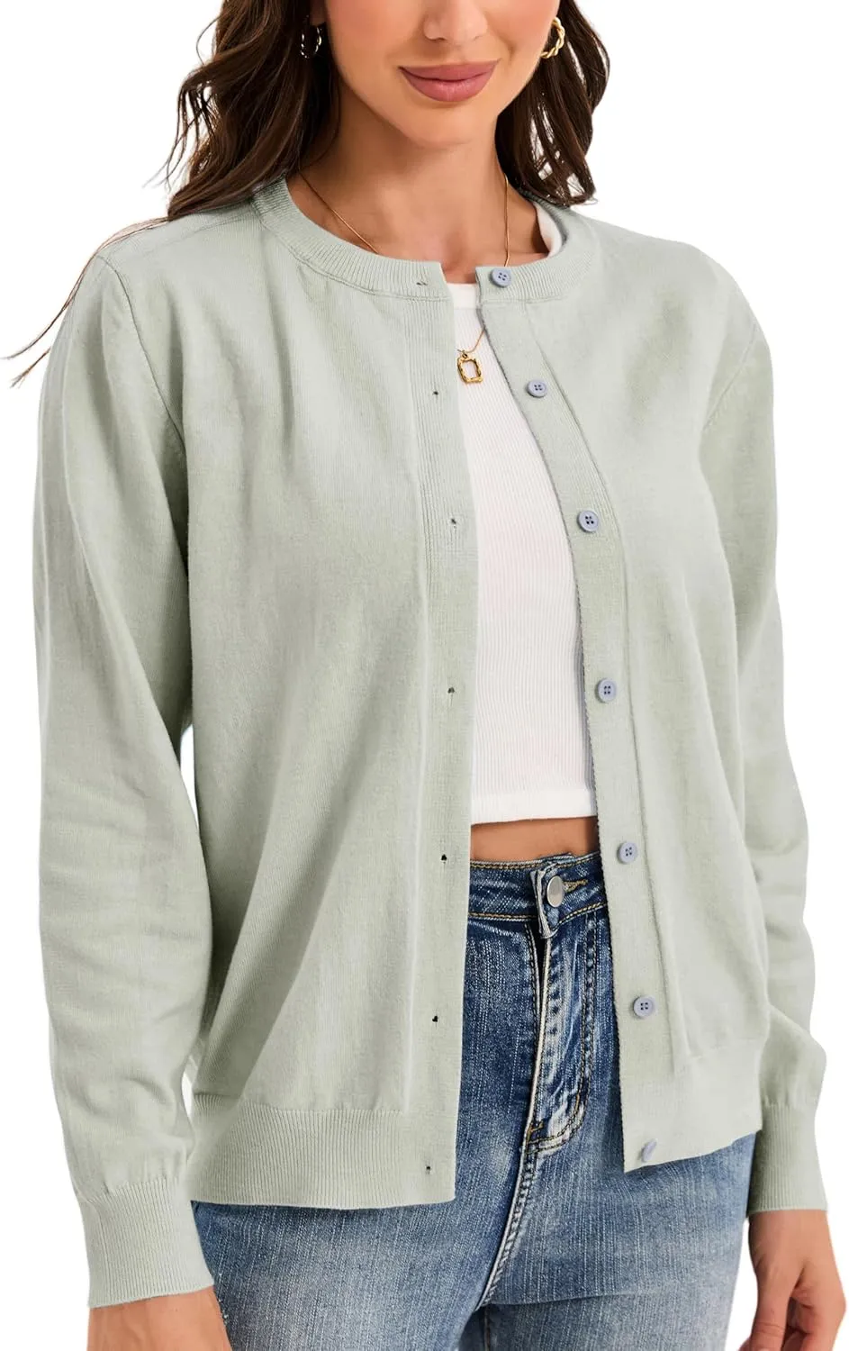 Womens Cardigan Sweaters Button Down Classic Long Sleeve Casual Crew Neck Soft Regular Fit Spring Tops（S-2XL）