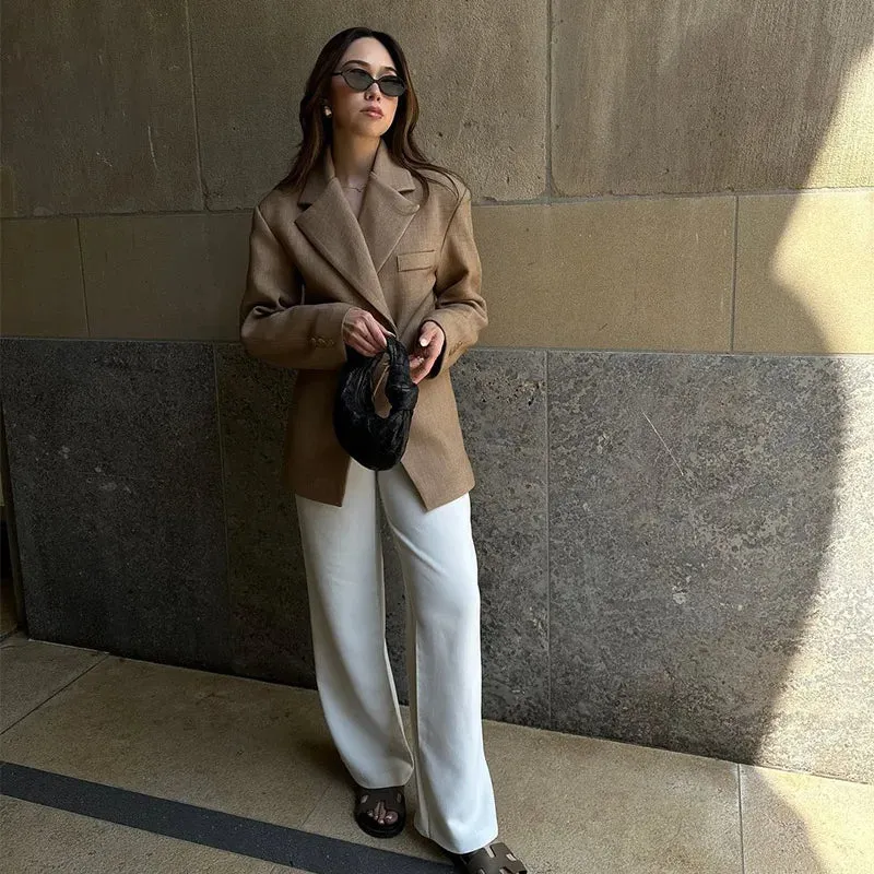 Women's Casual Brown Lapel Blazer with Pockets and Buttoned Cuffs