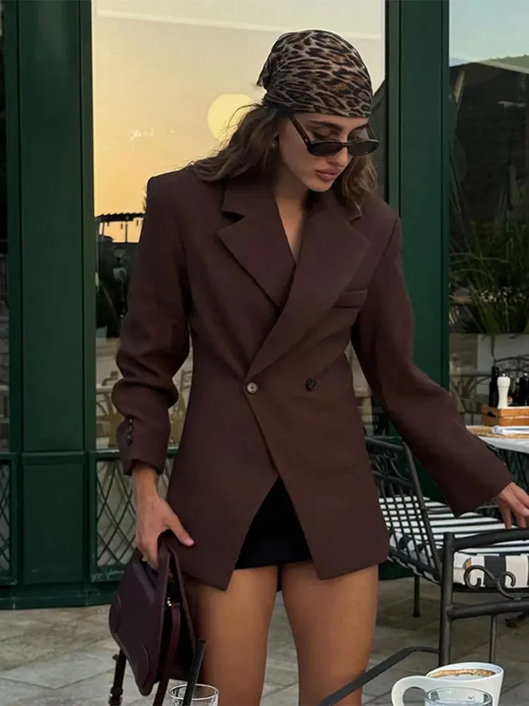 Women's Casual Brown Lapel Blazer with Pockets and Buttoned Cuffs