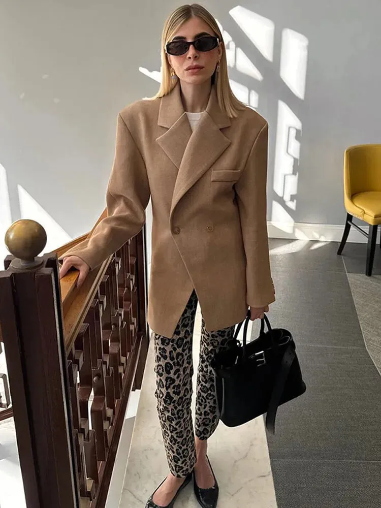 Women's Casual Brown Lapel Blazer with Pockets and Buttoned Cuffs