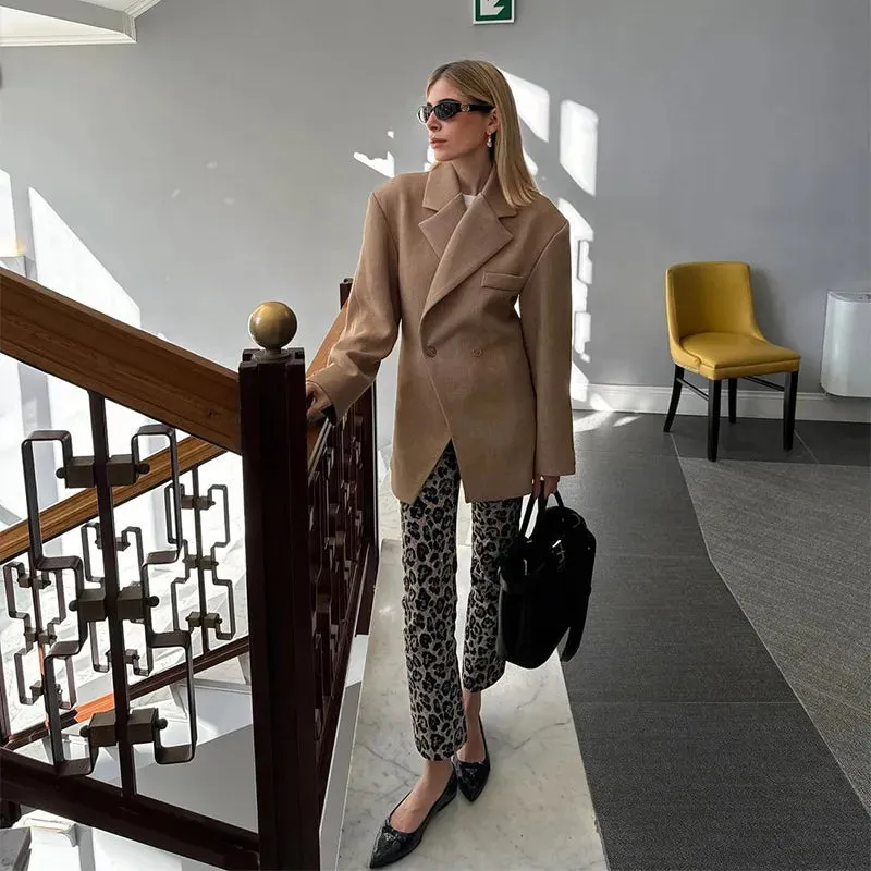 Women's Casual Brown Lapel Blazer with Pockets and Buttoned Cuffs