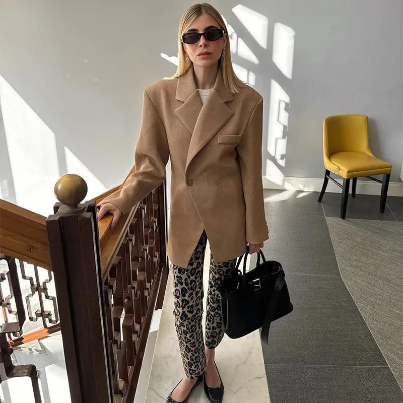 Women's Casual Brown Lapel Blazer with Pockets and Buttoned Cuffs