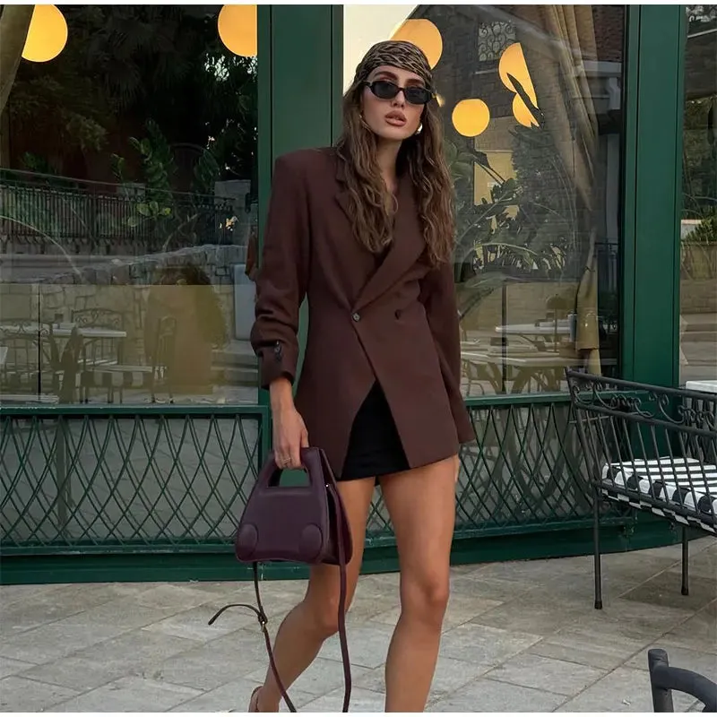 Women's Casual Brown Lapel Blazer with Pockets and Buttoned Cuffs