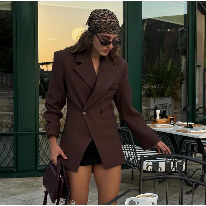 Women's Casual Brown Lapel Blazer with Pockets and Buttoned Cuffs