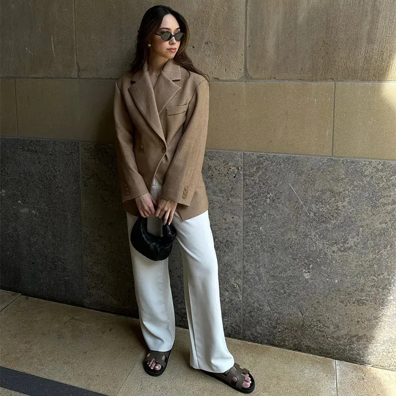 Women's Casual Brown Lapel Blazer with Pockets and Buttoned Cuffs