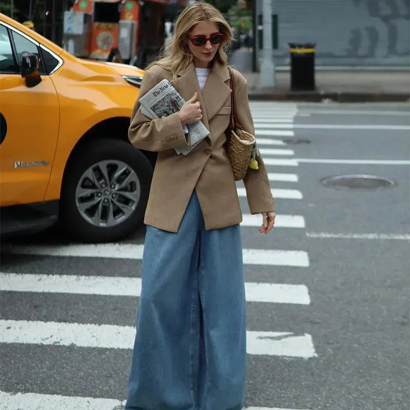 Women's Casual Brown Lapel Blazer with Pockets and Buttoned Cuffs