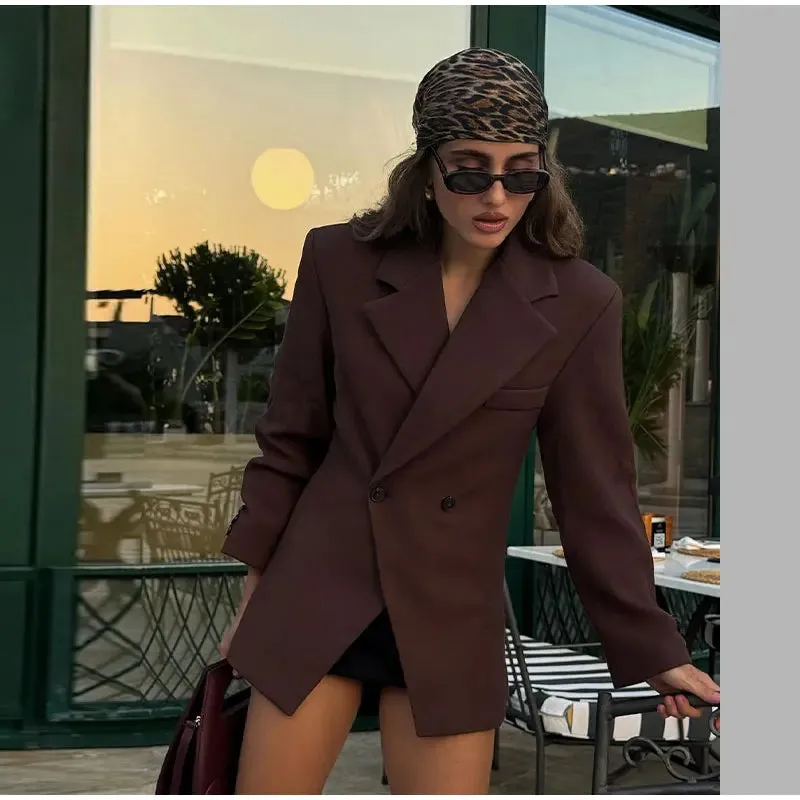 Women's Casual Brown Lapel Blazer with Pockets and Buttoned Cuffs