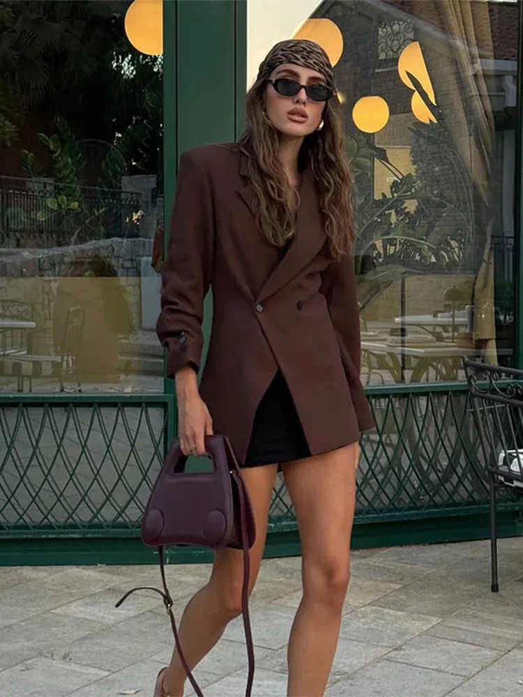 Women's Casual Brown Lapel Blazer with Pockets and Buttoned Cuffs