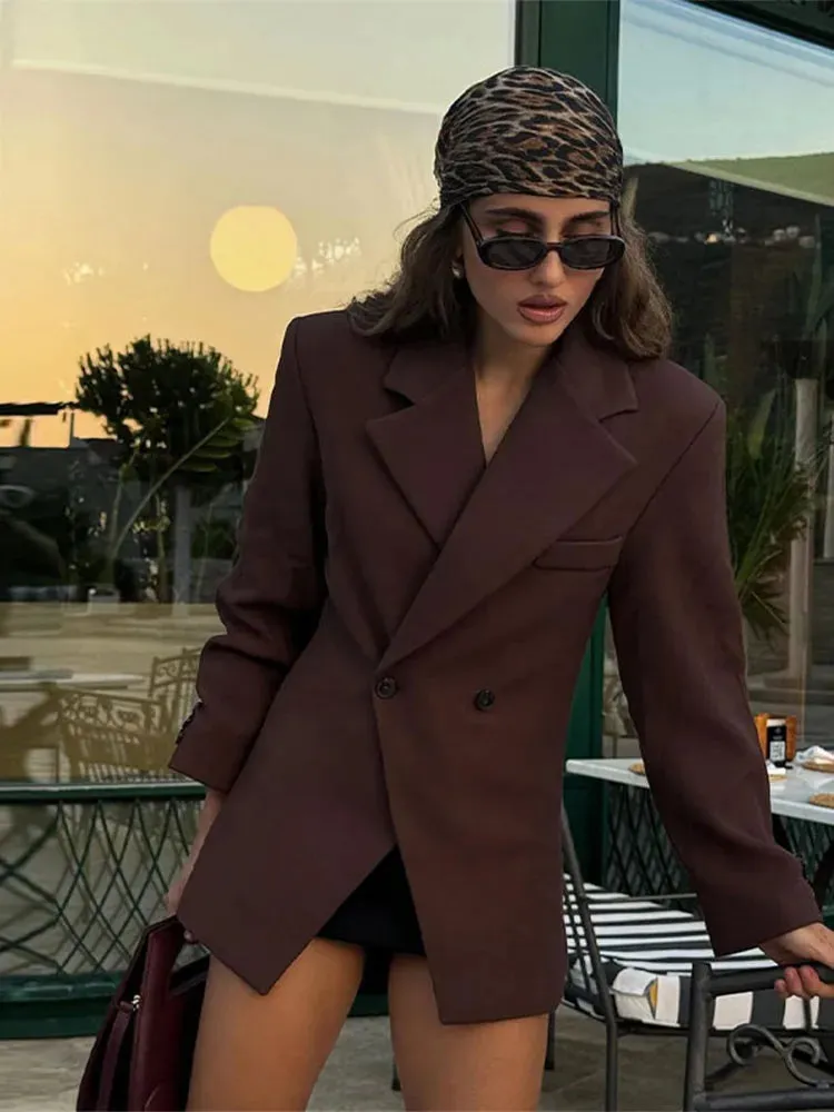 Women's Casual Brown Lapel Blazer with Pockets and Buttoned Cuffs
