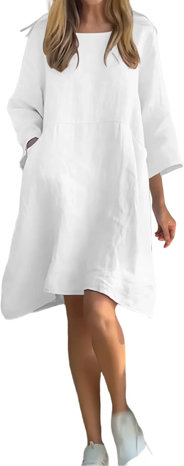Womens Cotton Shirt Dress Summer Casual 3/4 Sleeve Loose Beach Dress Fashion Cute Solid Midi Dress with Pocket