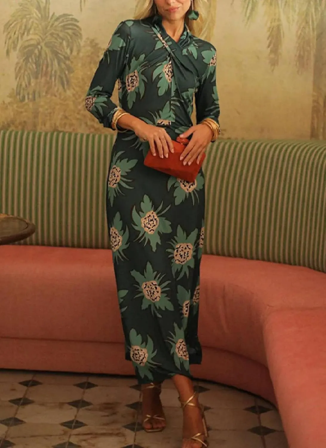 Women's Floral Print V Neck Long Sleeve Shift Maxi Dress 2025 Summer Casual Chic Wedding Guest Dresses Trendy Outfit
