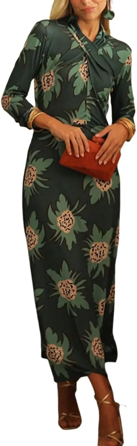 Women's Floral Print V Neck Long Sleeve Shift Maxi Dress 2025 Summer Casual Chic Wedding Guest Dresses Trendy Outfit