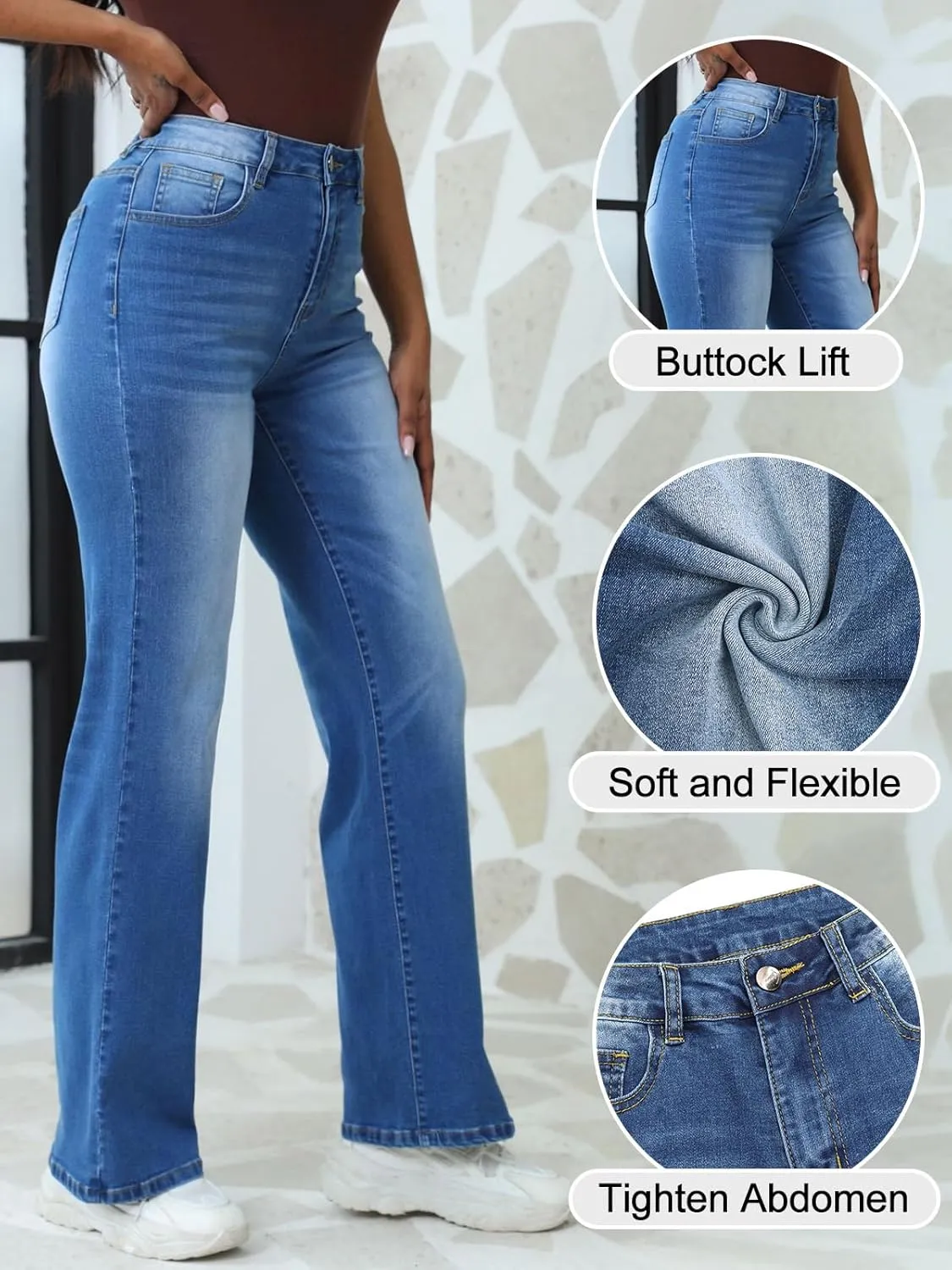 Women's High Waisted Wide Leg Jeans Stretchy Denim Pants, Tummy Control Boyfriend Jeans with Butt Lift