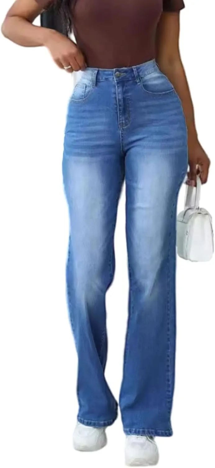 Women's High Waisted Wide Leg Jeans Stretchy Denim Pants, Tummy Control Boyfriend Jeans with Butt Lift