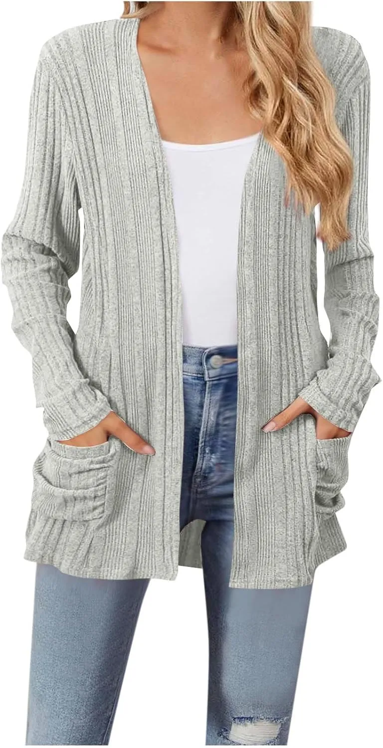 Womens Long Sleeve Cardigan Sweater Coat 2025 Lightweight Soft Knit Cardigan Casual V Neck Soft Coat with Pockets