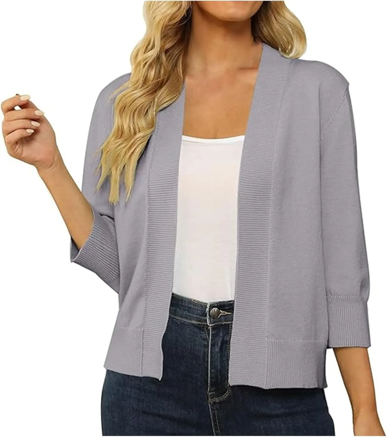 Women's Loose 3/4 Sleeve Cardigan Knitted Sweater Solid Color Cropped Tops Casual Soft Fall Blouse Outwear Coat
