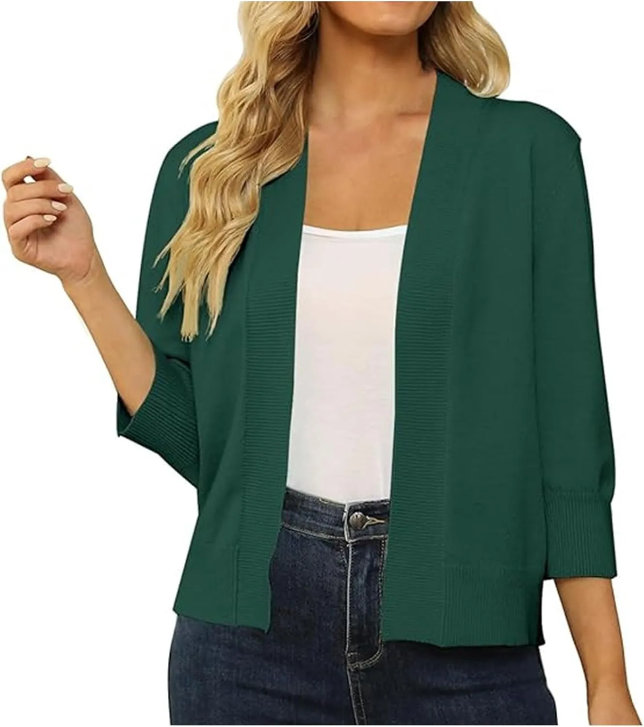 Women's Loose 3/4 Sleeve Cardigan Knitted Sweater Solid Color Cropped Tops Casual Soft Fall Blouse Outwear Coat